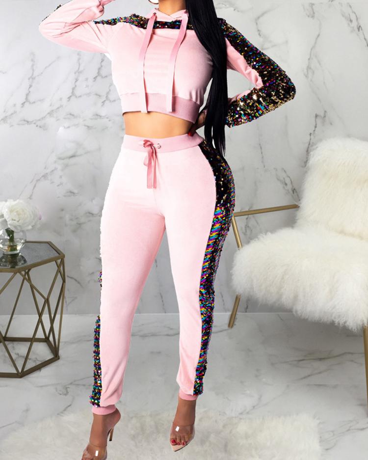 

Contrast Sequin Insert Velvet Hooded Top & Pant Sets, Pink