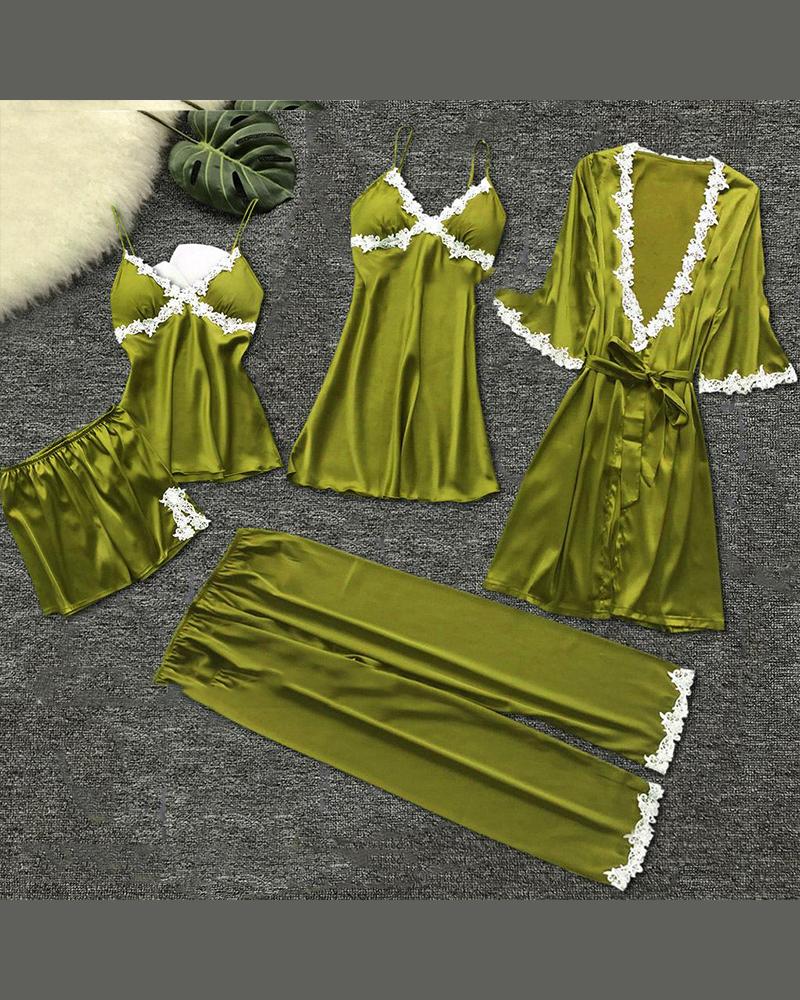 

Eyelash Lace Cami & Robe 5PCS Set, Green