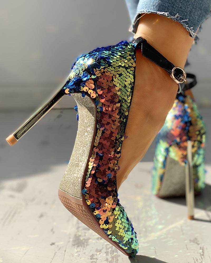 

Colorful Sequins Ankle-Buckled Thin Heels, Gold
