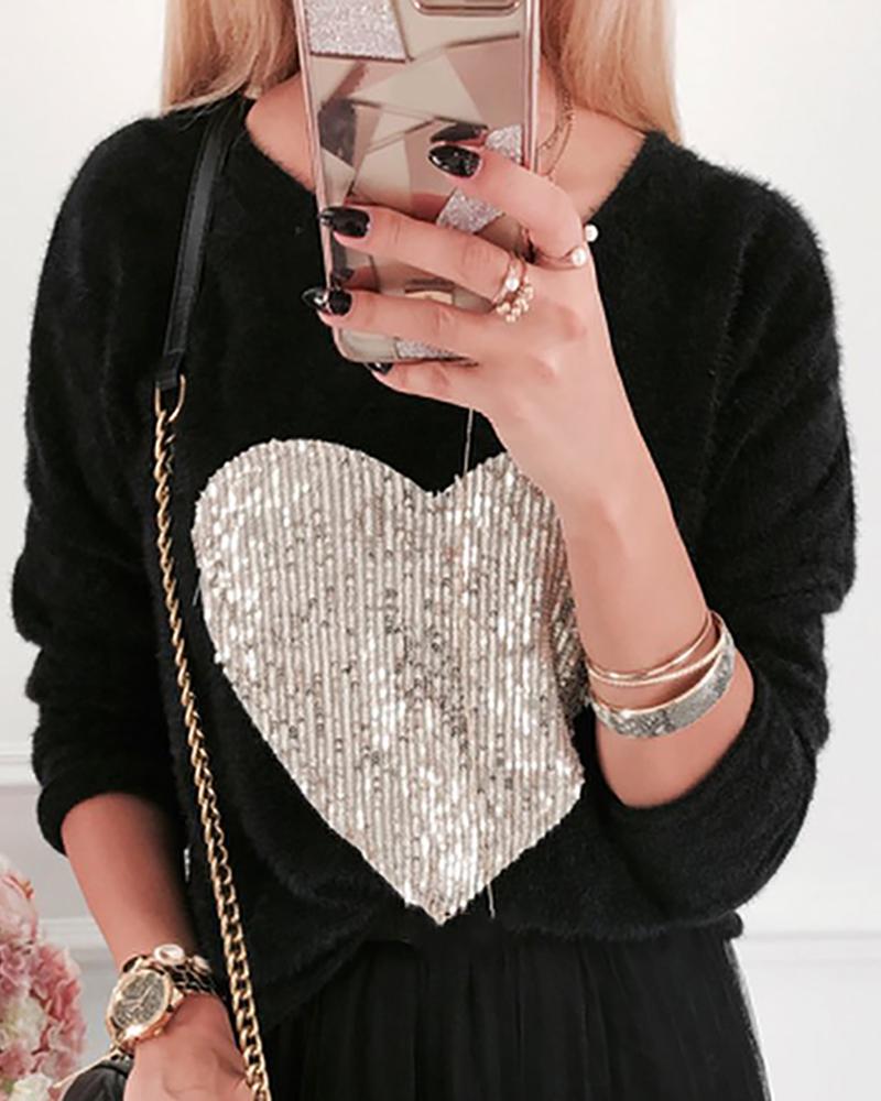 

Fluffy Sequins Heart Pattern Long Sleeve Sweater, Black