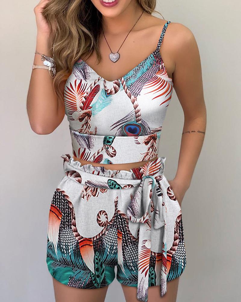 

Print Spaghetti Strap Crop Top & Short Sets, Multicolor