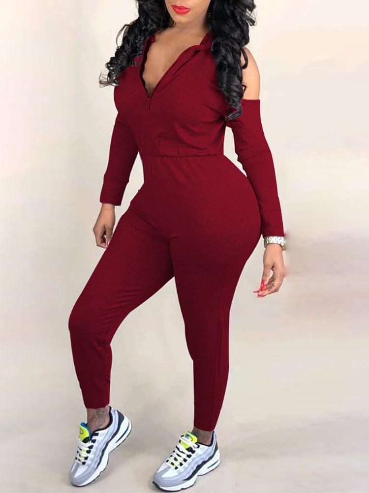 

Cold Shoulder Hooded Quarter Zip Jumpsuits, Wine red