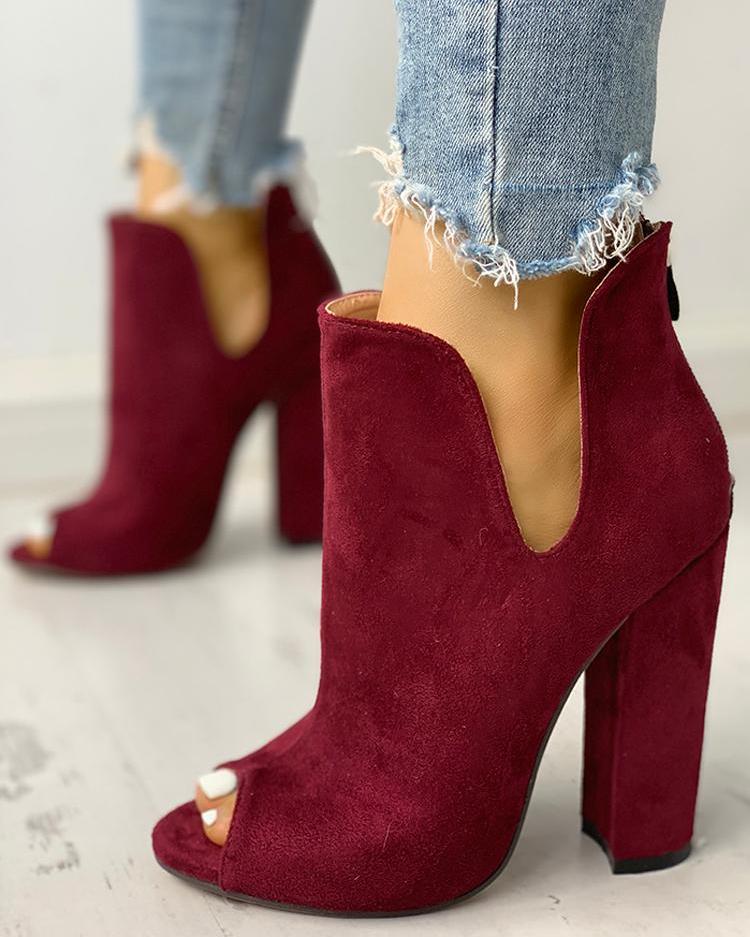 

Solid Suede Peep Toe Chunky Heeled Boots