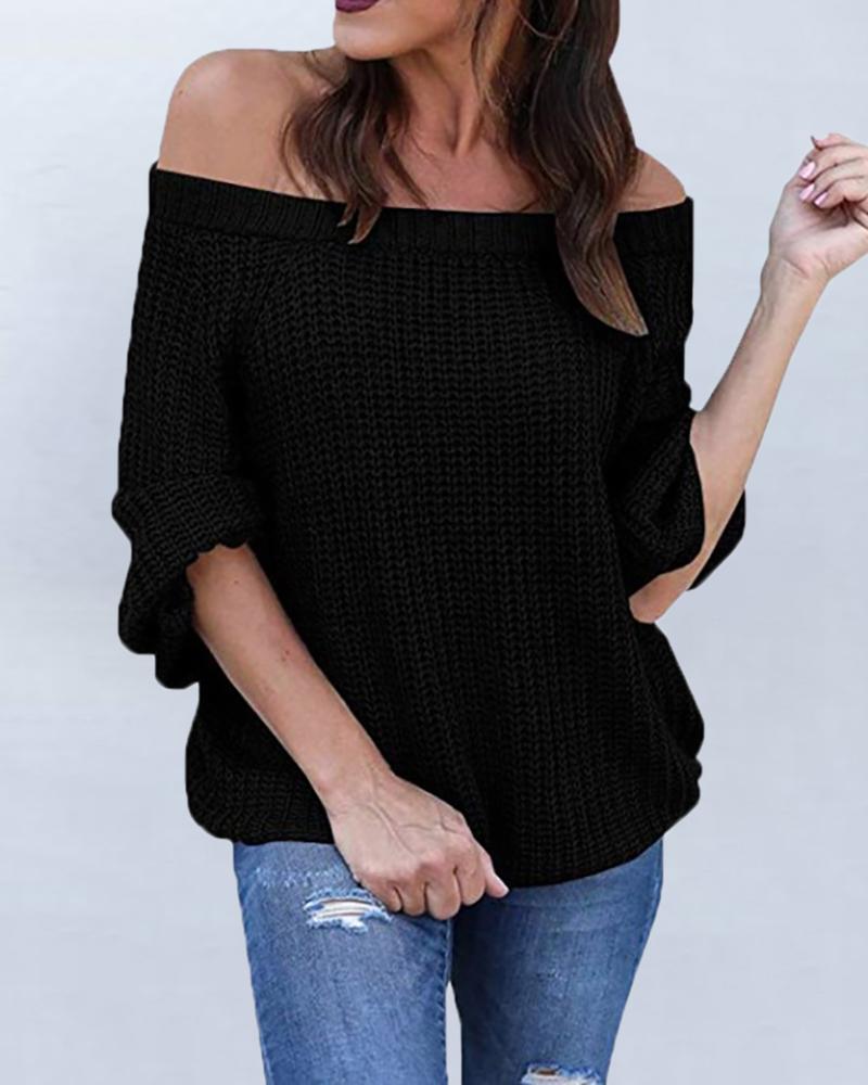 

Solid Off Shoulder Long Sleeve Knitting Sweater, Black