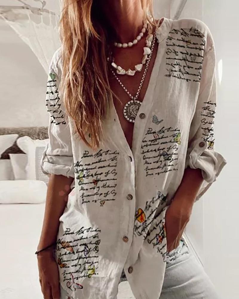 

Letter Print Long Sleeve Button Design Shirt, White