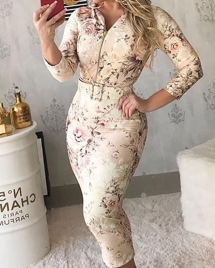 

Floral Print Zipper Bodycon Dress With Belt