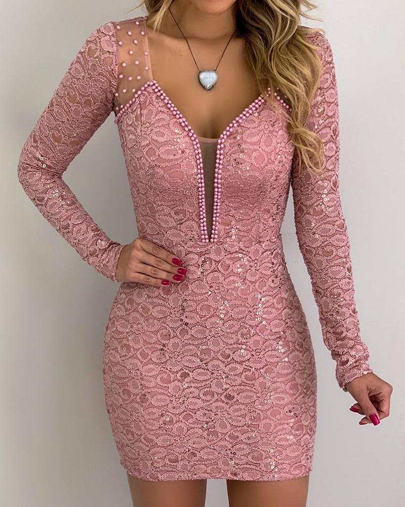 

Long Sleeve Beaded Mesh Insert Lace Dress