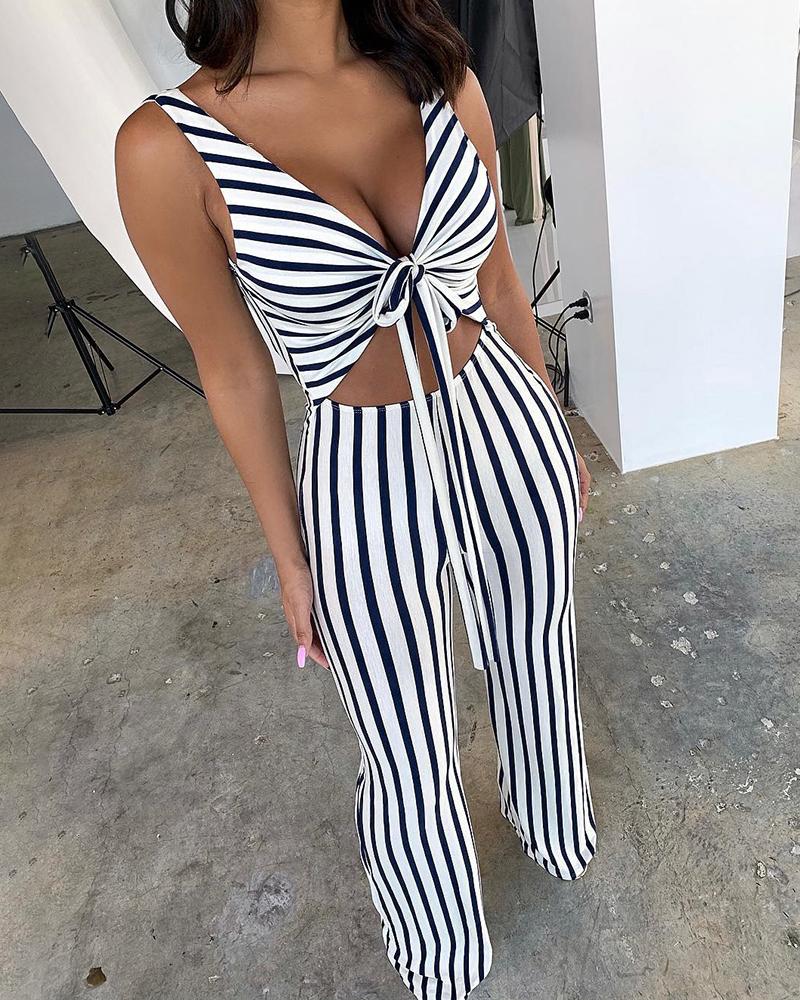 

Striped Knotted Cutout Front Jumpsuit, Purplish blue