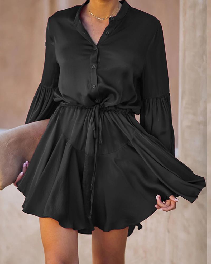 

Plain Button Design Casual Dress, Black