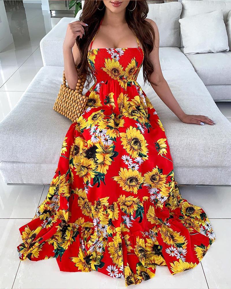 

Open Back Print Bandage Maxi Dress, Red