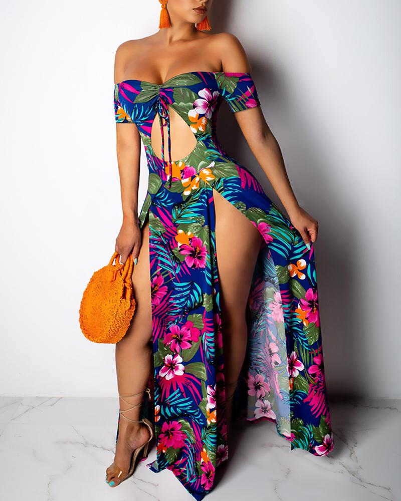 

Off Shoulder Floral High Slit Maxi Dress, Purple