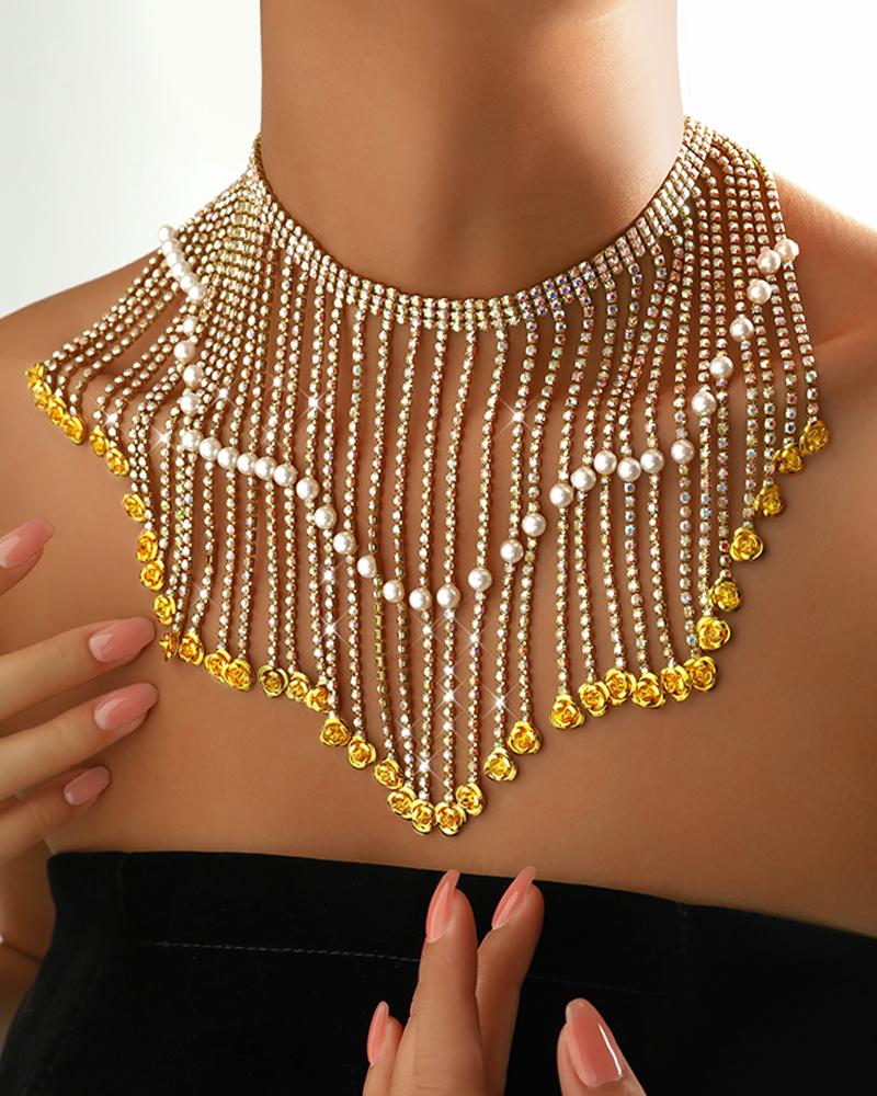

Tassel Floral Pattern Beaded Chain Necklace, Gold