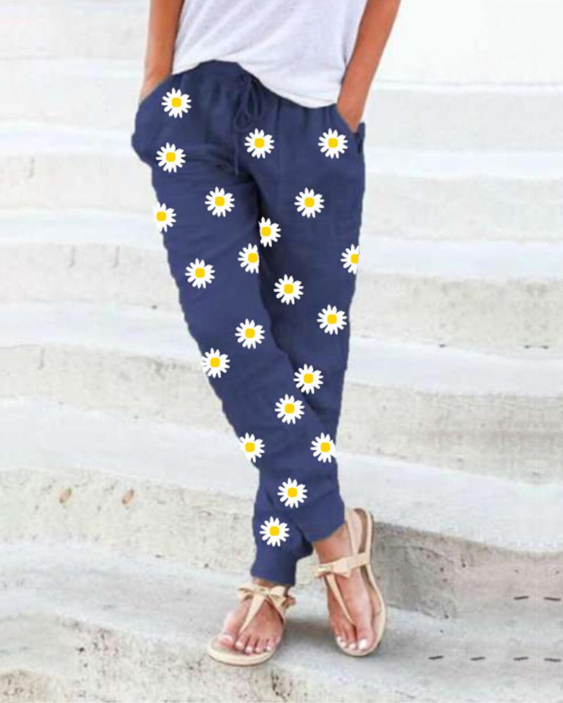

Daisy Print Elastic Waist Pants, Blue