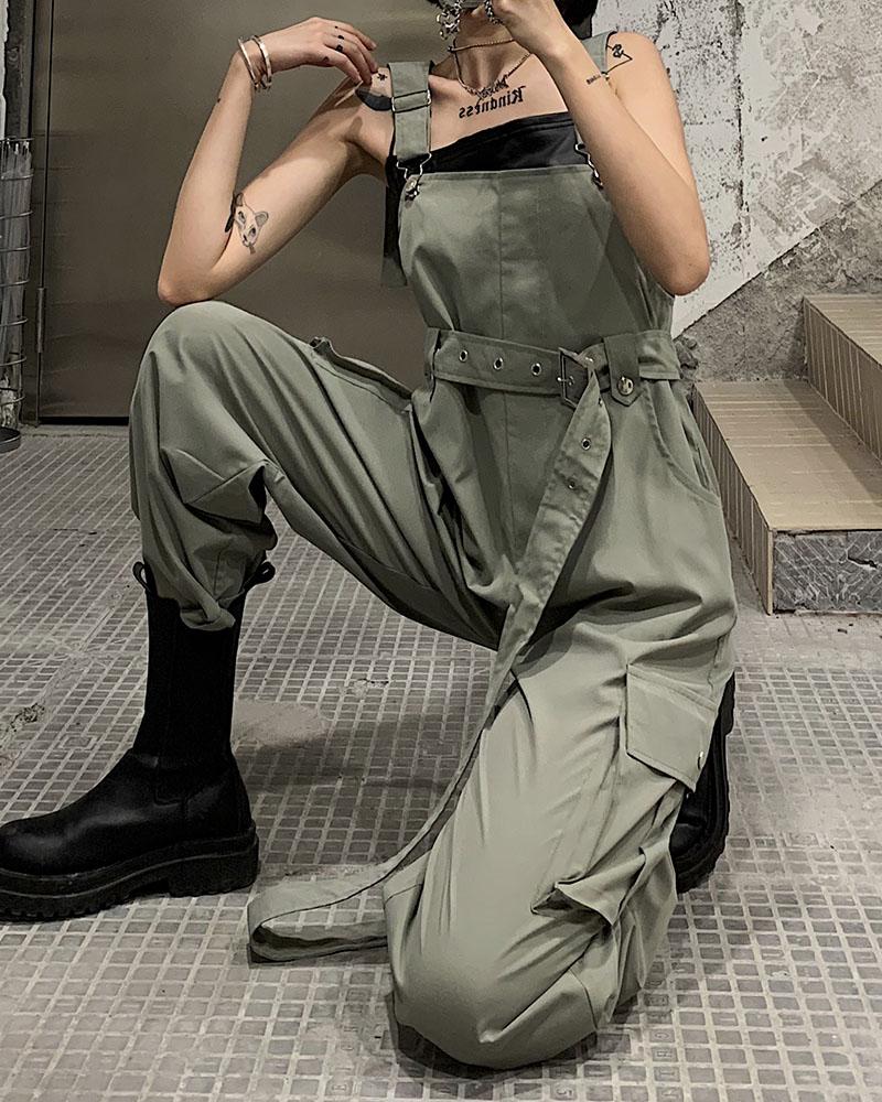 

Plain Wide Leg Suspender Jumpsuit, Army green