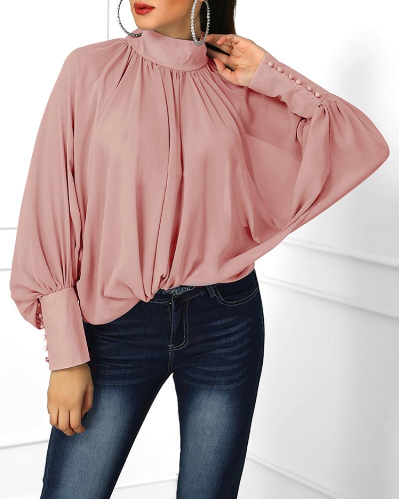 

Lantern Sleeve Wide Cuff Ruched Blouse, Pink