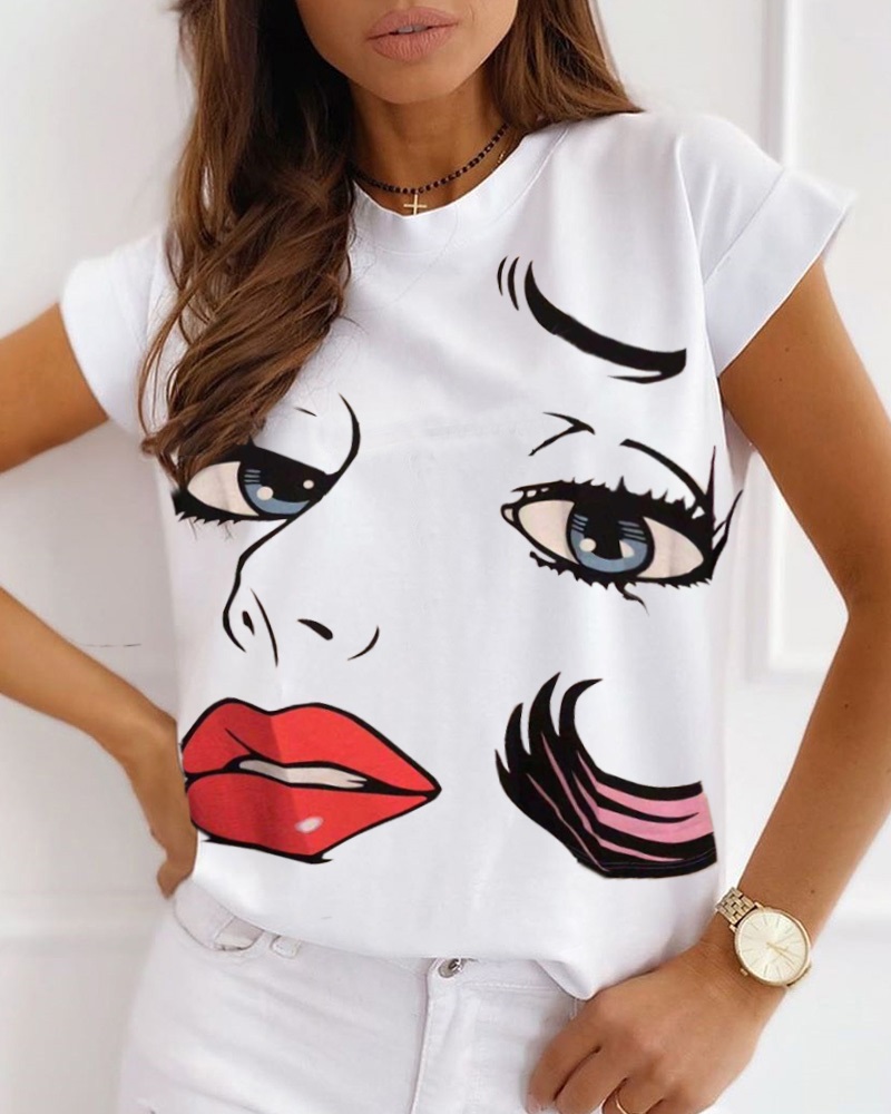 

Figure Print Short Sleeve Casual T-shirt, White