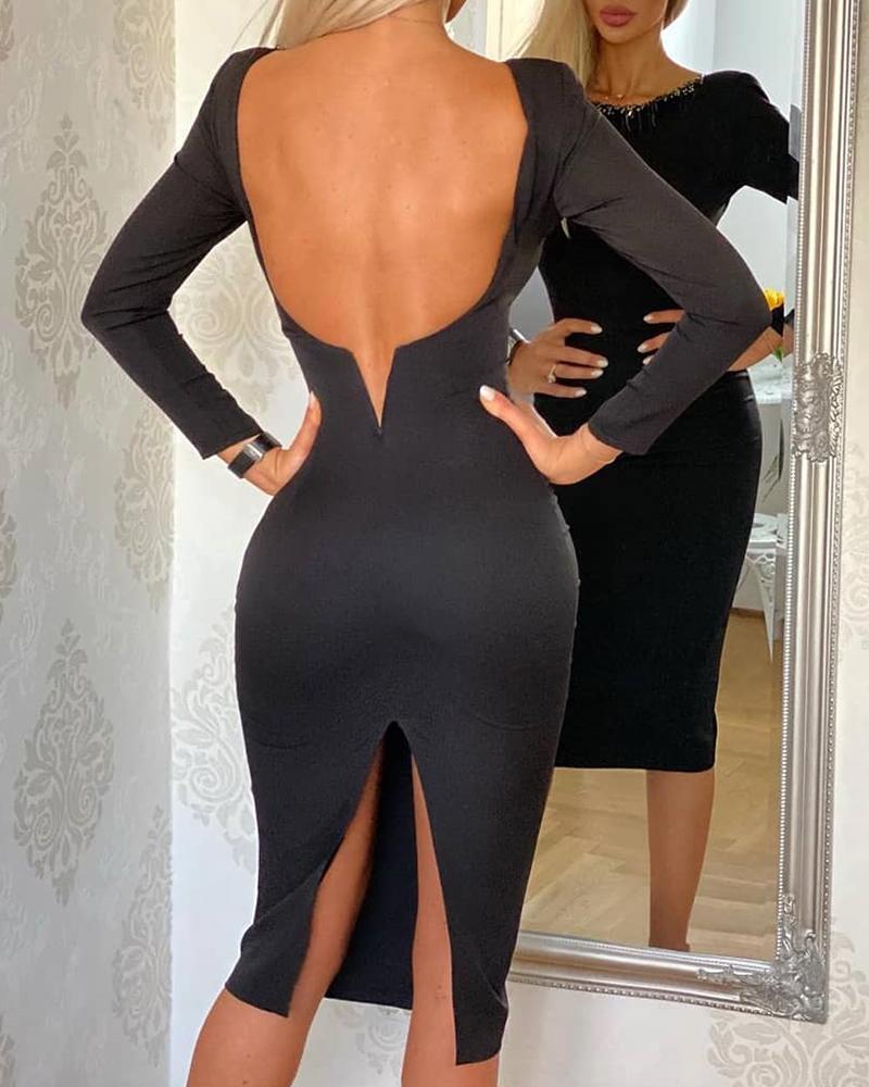 

Solid Backless Slit Evening Dress, Black