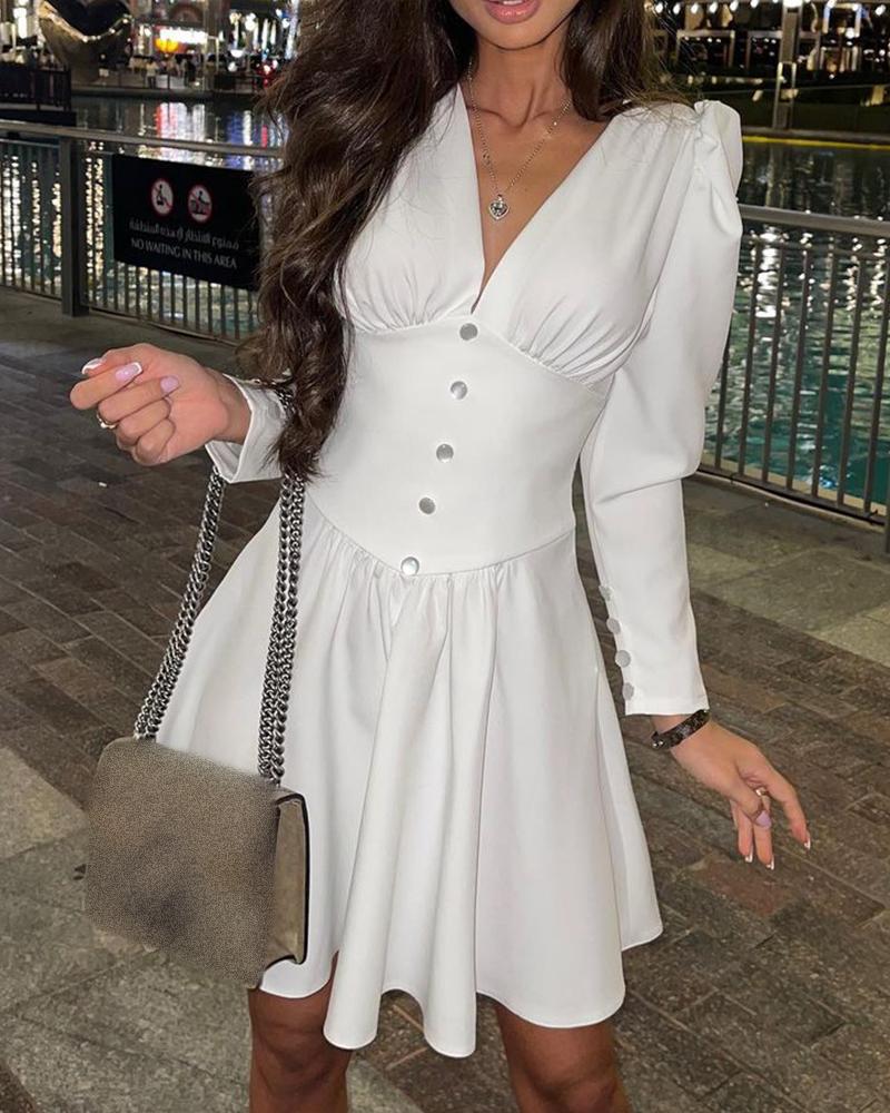 

Puff Sleeve Button Front Ruched Dress, White