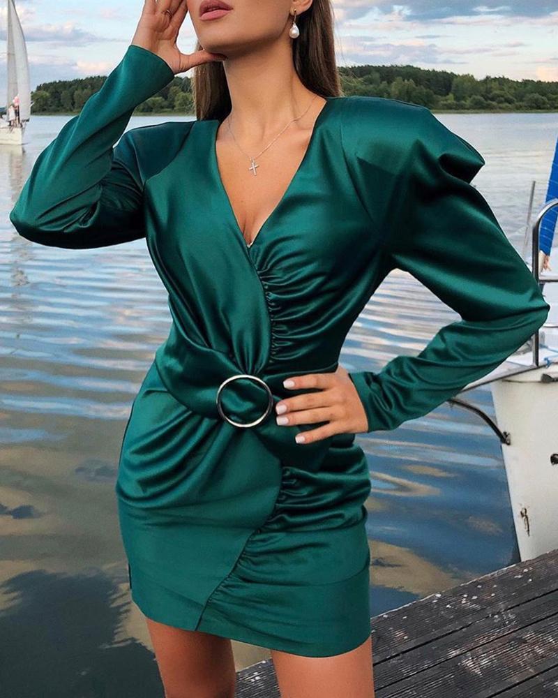 

Solid V-Neck Leg-of-mutton Sleeve Ruched Bodycon Dress