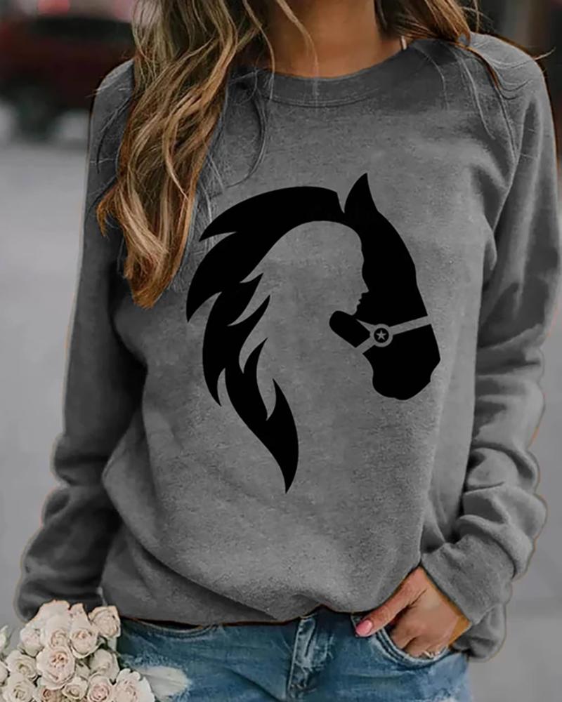 

Horse Print Long Sleeve Casual Sweatshirt, Gray
