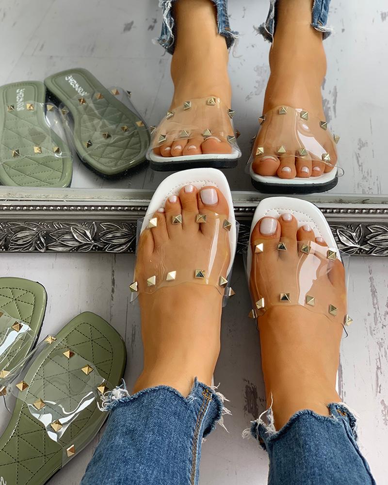 

Transparent Open Toe Rivet Flat Sandals, White