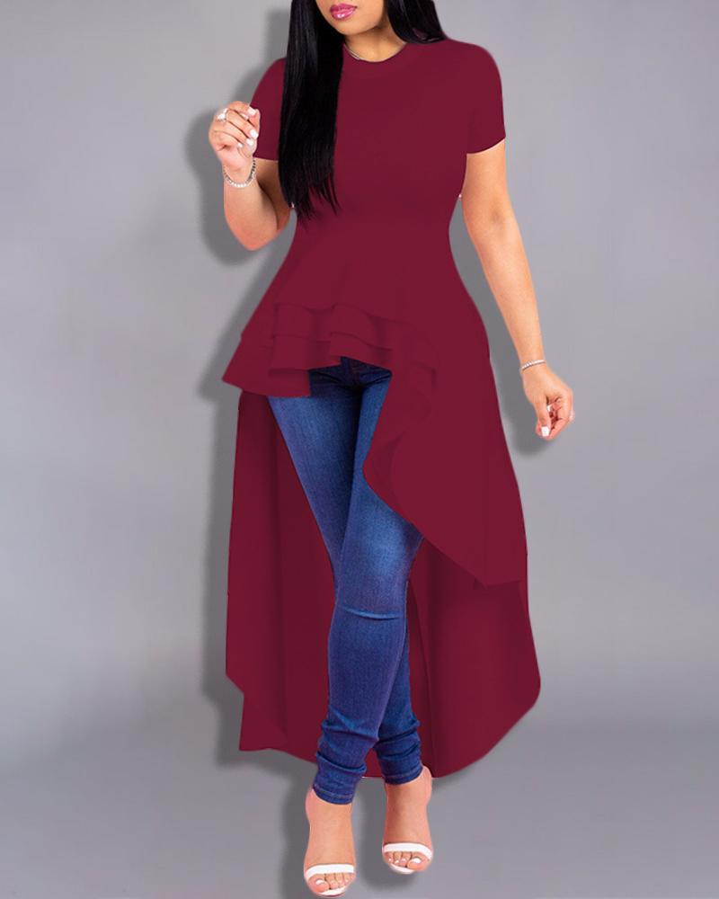 

Solid Dip Hem Ruffles Short Sleeve Blouse, Wine red