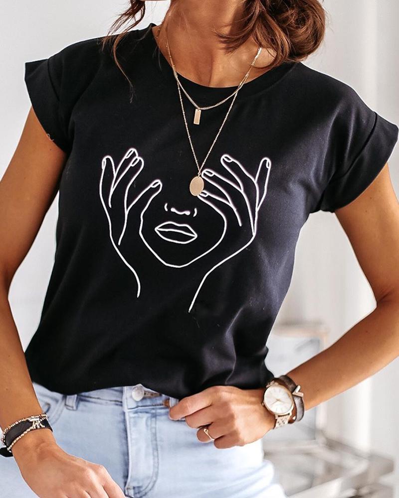 

Round Neck Short Sleeve Print T-shirt, Black