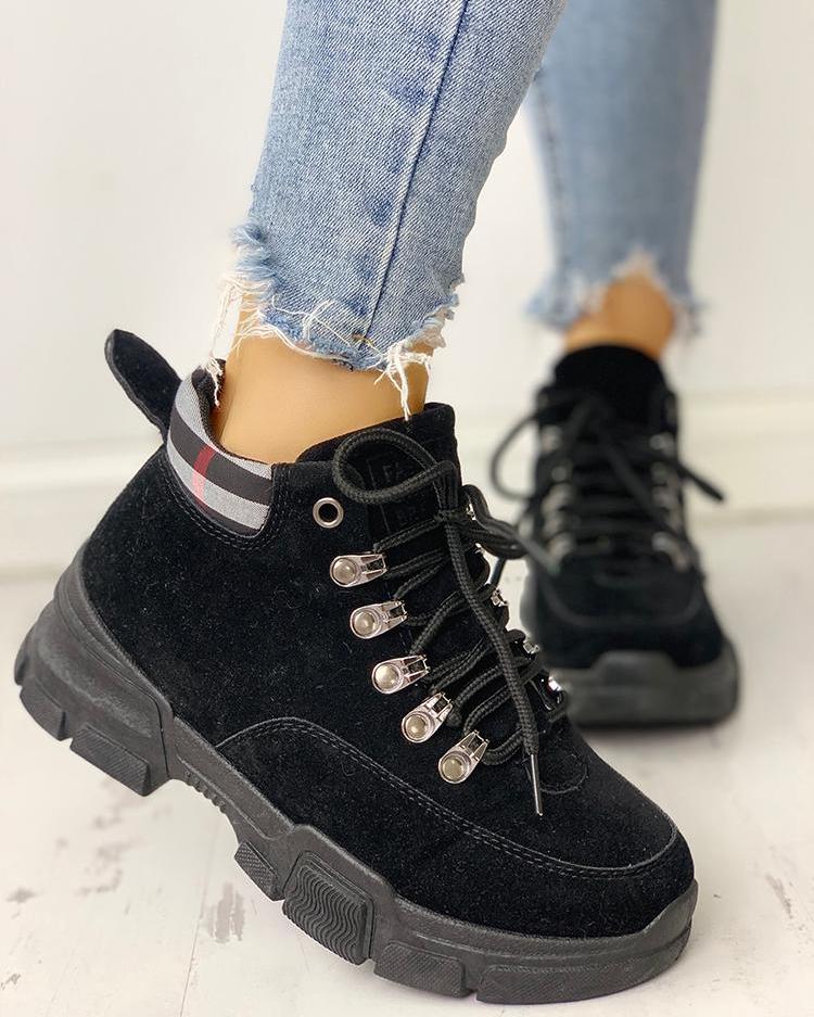 

Plaid Splicing Lace-Up Martin Ankle Boots, Black