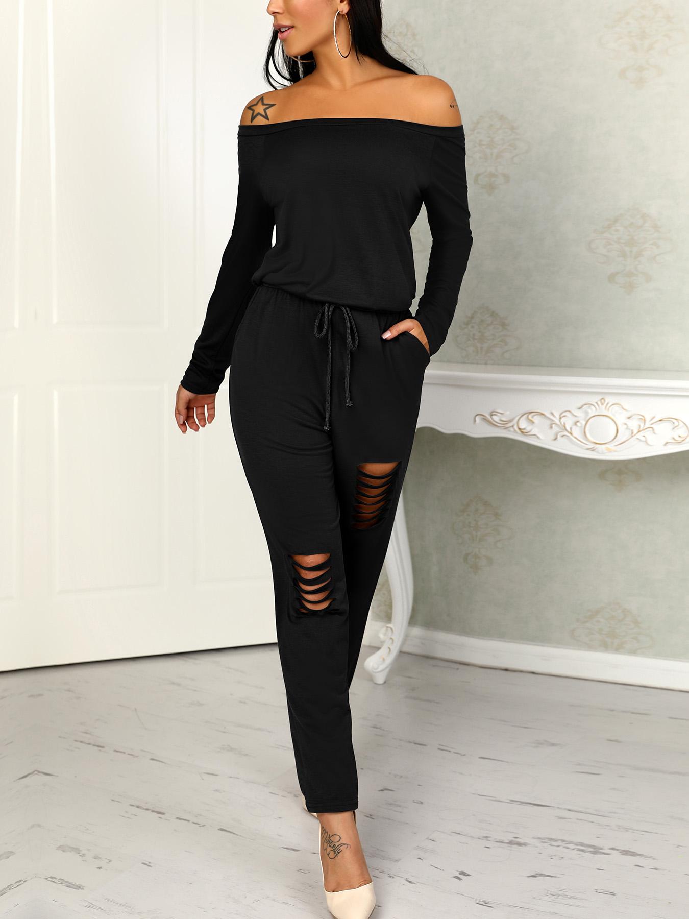 

Trendy Ripped Skew Neck Tied Waist Casual Jumpsuit, Black