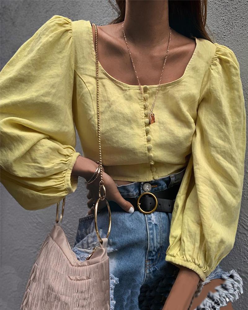 

Square Neck Lantern Sleeve Yellow Blouse