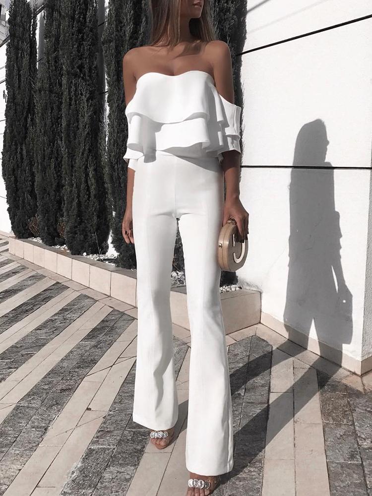 

Solid Ruffled Design Off Shoulder Jumpsuit, White