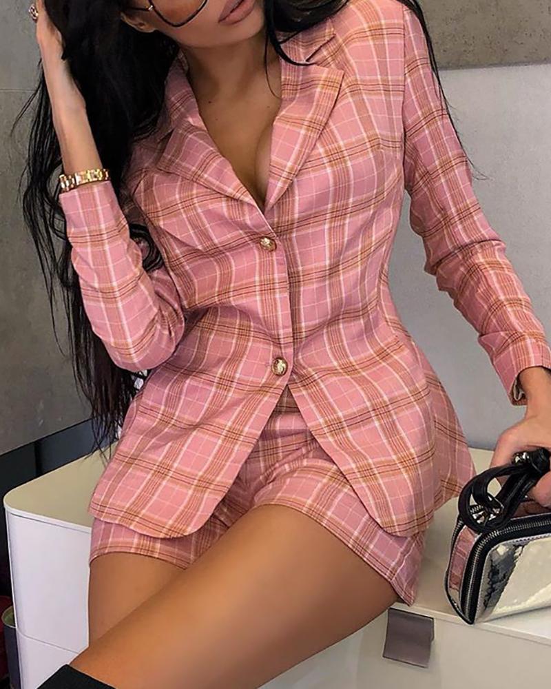 

Buttoned Plaid Print Long Sleeve Blazer Coat & Shorts Sets, Pink