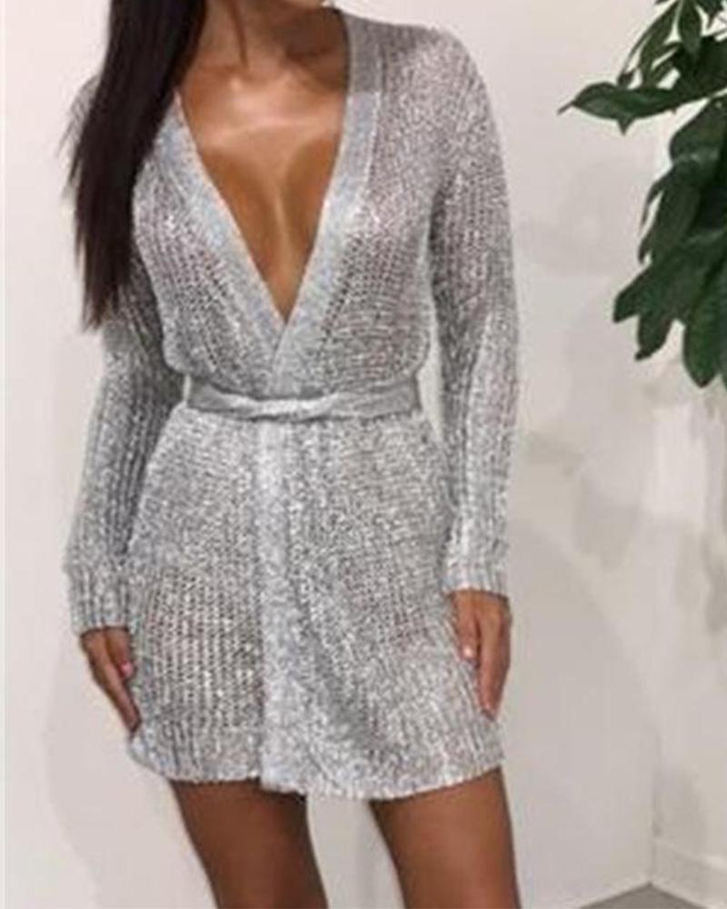 

Glitter Long Sleeve Tight Waist Dress, Silver