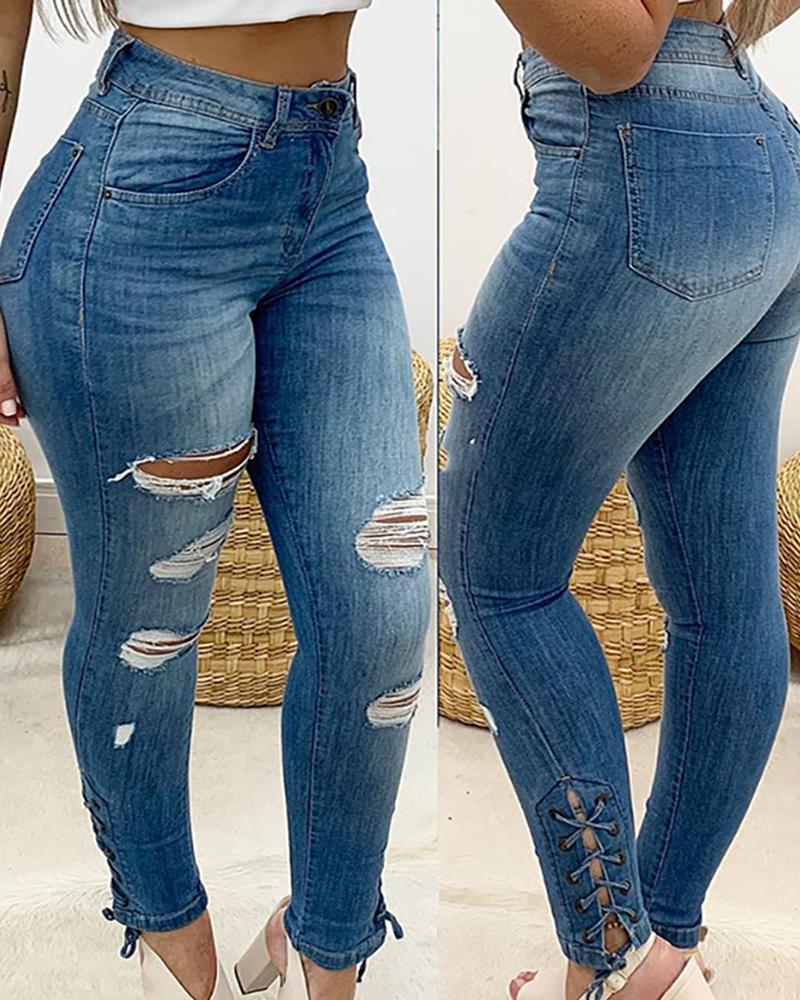 

Eyelet Lace-up Cutout Zip Ripped Denim Pants, Blue