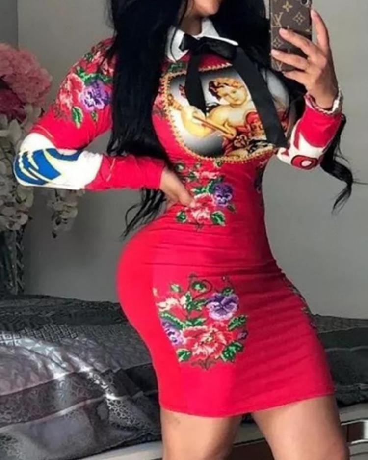 

Floral Print Bowknot Neck Bodycon Dress, Red
