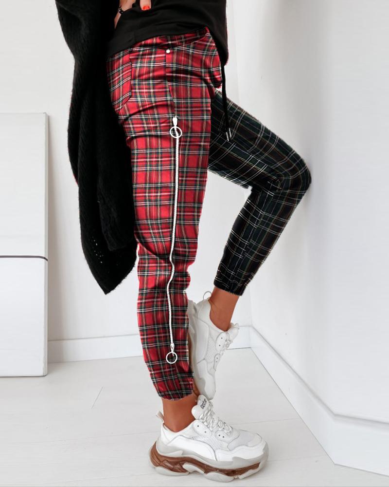 

Plaid Zipper Design Colorblock Pants, Red