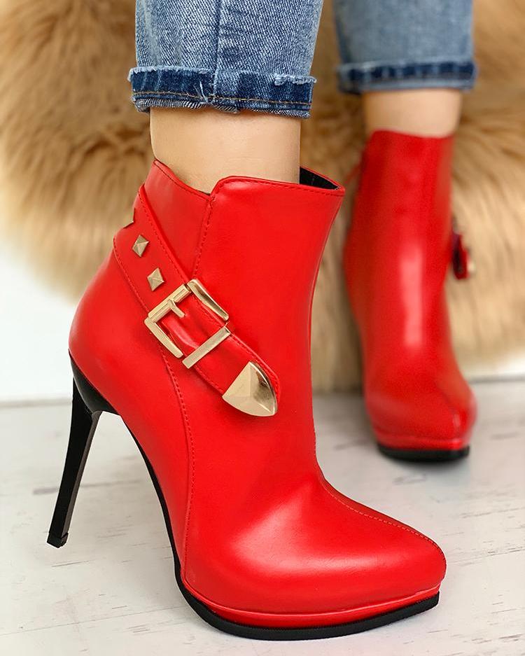 

Metallic Buckle Platform Thin Heeled Boots, Red