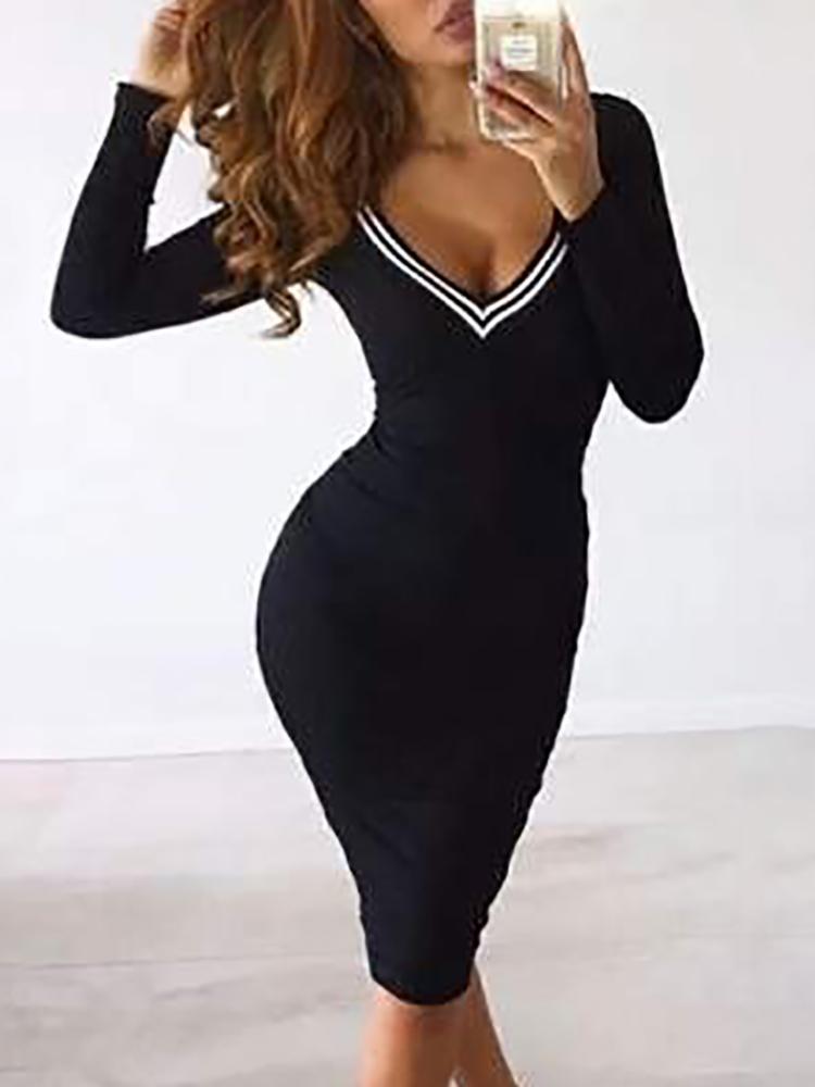 

Contrast Binding Long Sleeve Bodycon Dress, Black