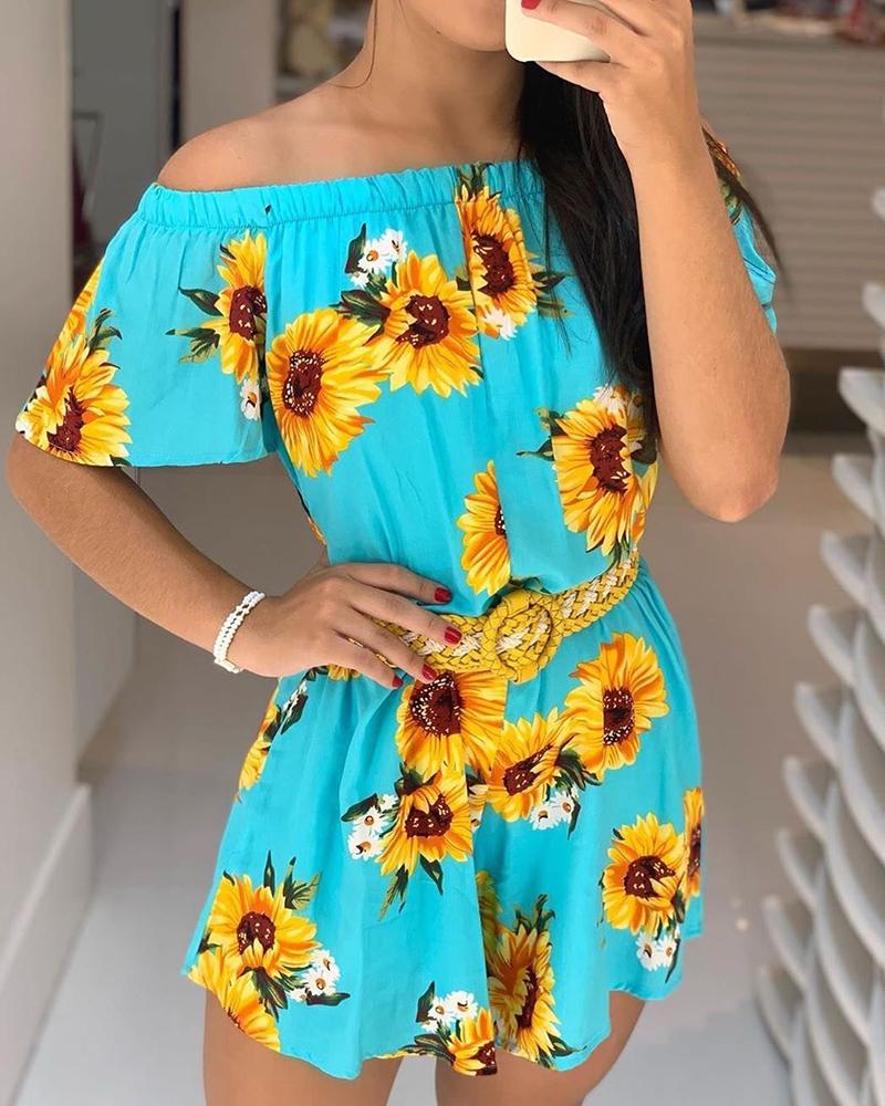 

Off Shoulder Sunflower Print Dress, Blue