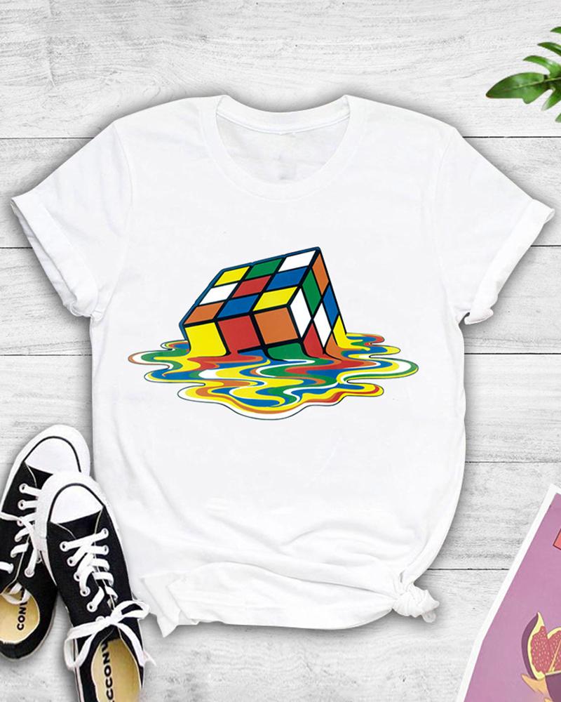 

Cube Print Short Sleeve Casual T-shirt, White