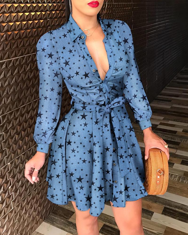 

Star Print Tied Detail Shirt Dress, Blue