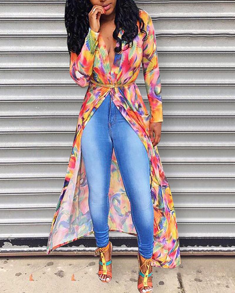 

Long Sleeve Colorful Print Belted Coat, Multicolor