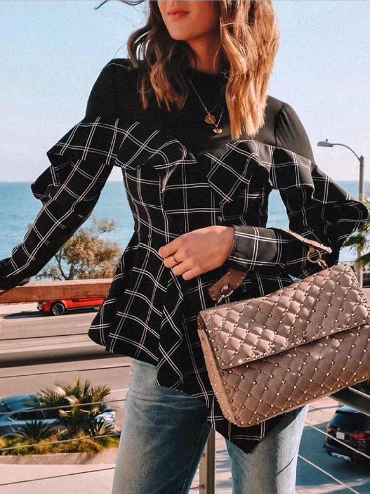 

Mesh Yoke Plaid Print Ruffle Irregular Blouse