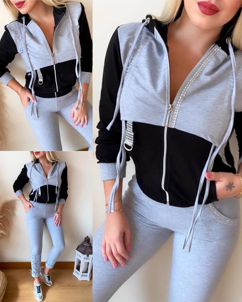 

Sporty Colorblock Zipper Design Top & Pants Set, Gray