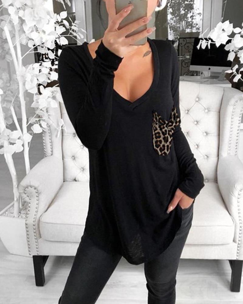 

V Neck Leopard Pocket Top, Black