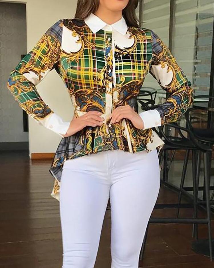

Mixed Print Long Sleeve Dip Hem Shirt, Yellow