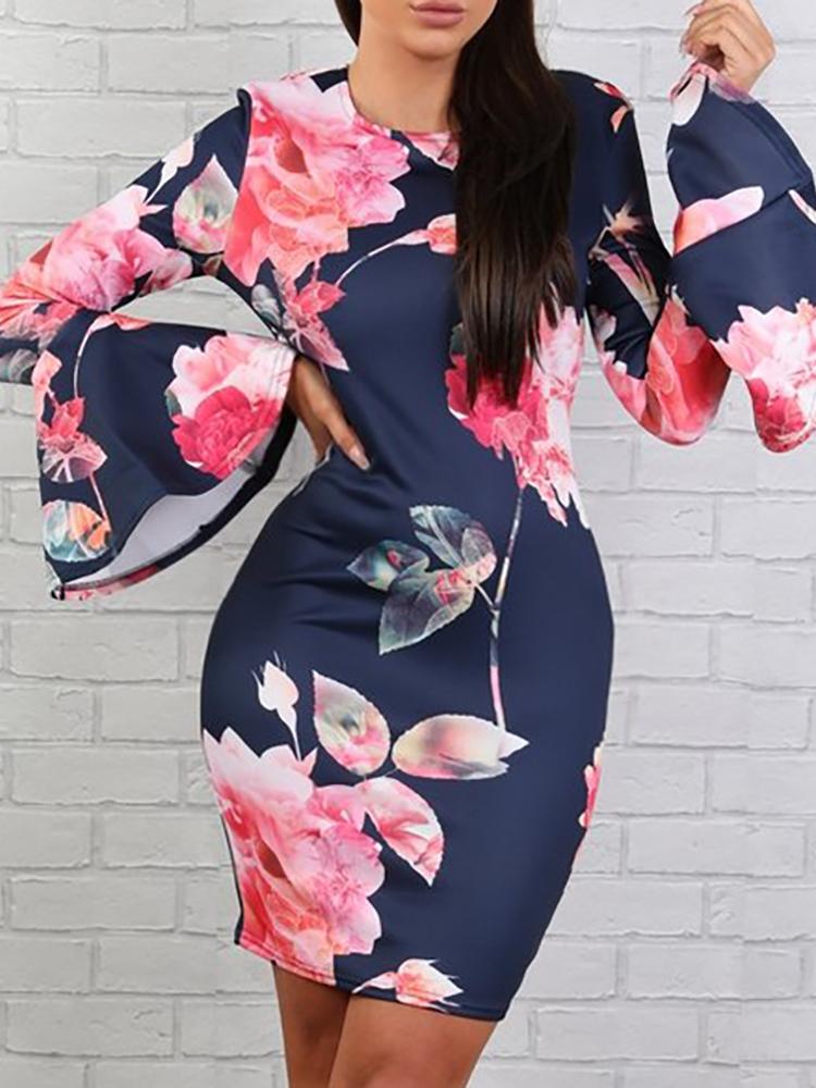 

Floral Print Flared Sleeve Bodycon Dress