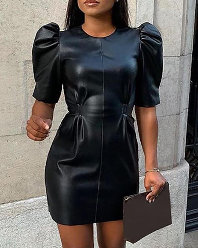 

Puff Sleeve PU Leather Work Dres, Black