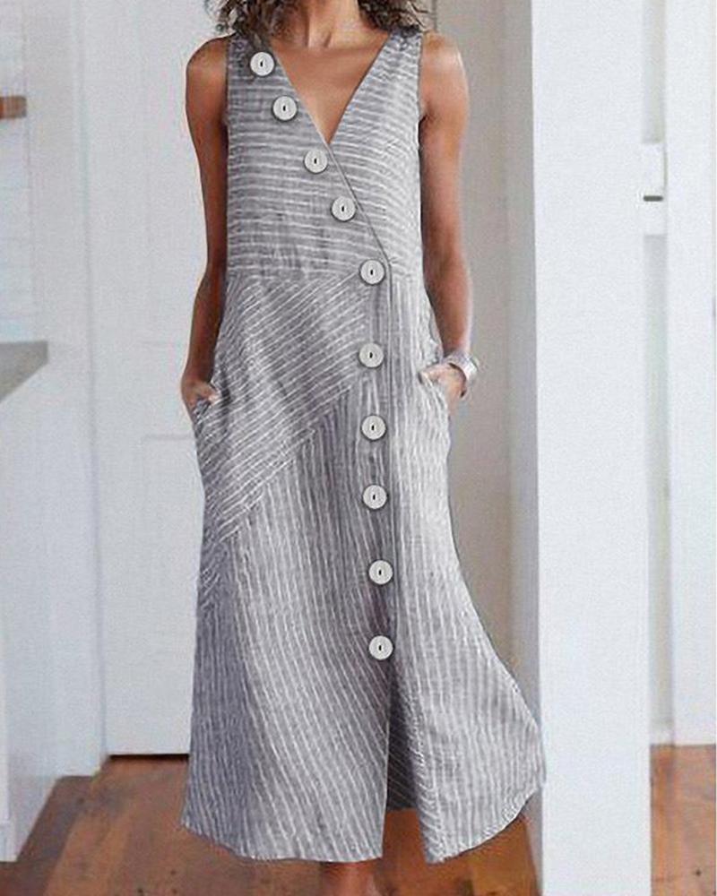 

Button Design Sleeveless V-neck Striped Dress, Gray