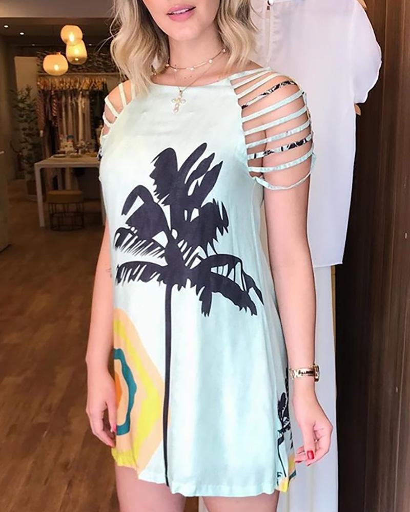 

Tassel Short Sleeve Print Casual Dress, Light blue